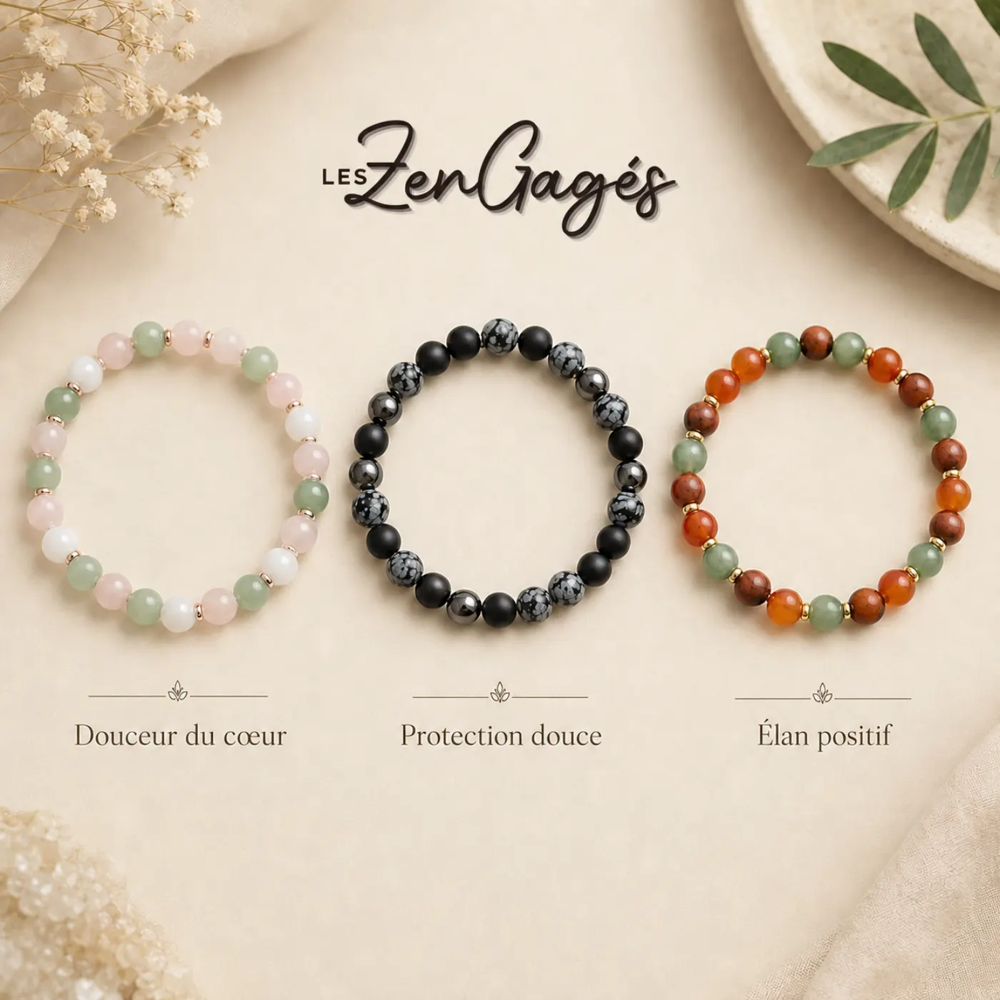 Bracelets des Zengagés — pierres naturelles colorées et obsidienne